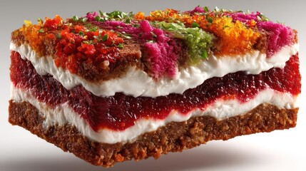 Layered dish with vibrant colors and textures.