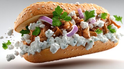 Delicious pulled pork sandwich with feta and parsley.