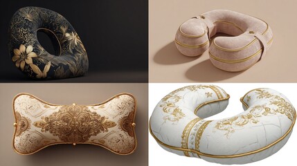 Four neck pillows, each with a unique floral or patterned design, displayed in a studio setting.  Two are donut shaped, two are curved rectangular shapes.  Materials appear luxurious