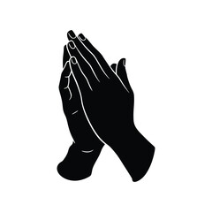 Black and white praying hands symbolize faith, hope, and spiritual devotion isolated on white background