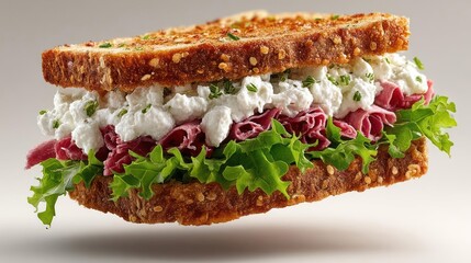 Delicious sandwich with meat, greens, and creamy spread.