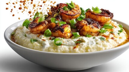 Seared shrimp served over creamy grits with green onions.