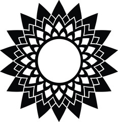 Black radial mandala with geometric floral pattern