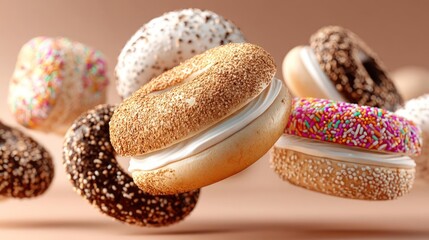 Colorful, floating bagels with cream cheese filling.