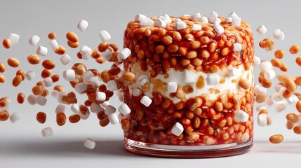 Baked beans in a jar with falling sugar cubes.