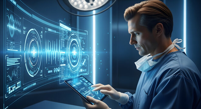 Surgeon Using Digital Medical Interface in Operating Room.