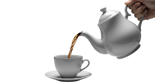 Pouring tea from teapot into cup on black background for tea time and relaxation concept image use 100 char isolated on transparent background