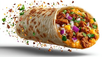 Delicious, flavorful burrito with visible fillings and vibrant spices.