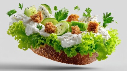 Open sandwich with cream, cucumber, and croutons.