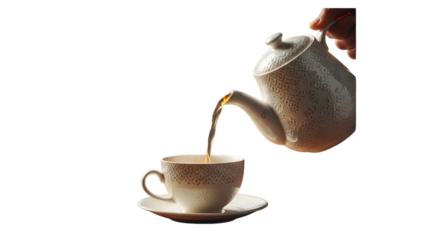 Pouring tea from teapot into cup on saucer for tea time relaxation and enjoyment of aromatic beverage isolated on transparent background