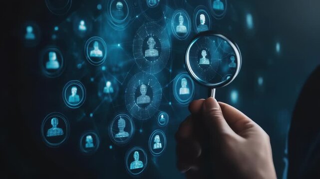 HRM or Human Resource Management, Magnifier glass focus to manager icon which is among staff icons for human development recruitment leadership and customer target. resume, interview. generate by AI
