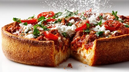 Delicious deep-dish pizza with cheese, tomato, and herbs.