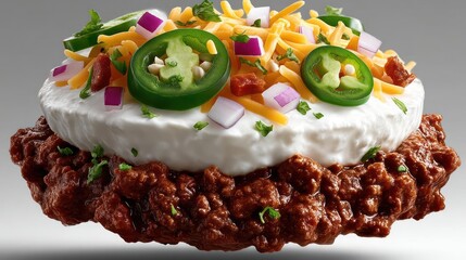 Layered dish with ground meat, cream, cheese, and jalapenos.