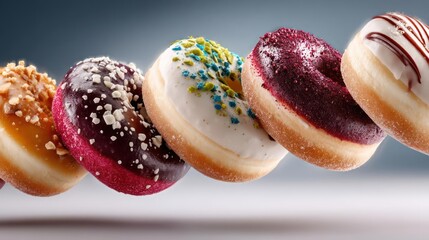 Assorted donuts in a row, vibrant and delicious.