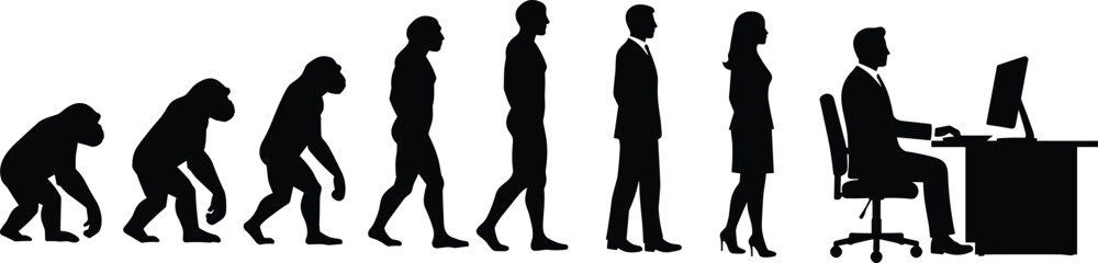 Evolution of man to office worker silhouette, human development timeline, ape to businessman progression, modern work life vector concept illustrationEvolution of man to office worker  