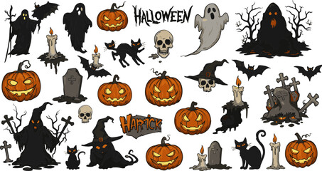 Fototapeta premium This vector set features a spooky array of Halloween icons, including pumpkins, bats, ghosts, and witches, perfect for your holiday designs