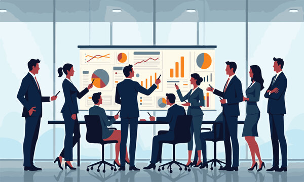 A silhouette vector illustration depicts a diverse group of business people, a team of men and women in suits, communicating and working together at an office table