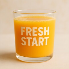 A glass of orange juice with the words fresh start printed on it, symbolizing a healthy and energetic beginning to the day