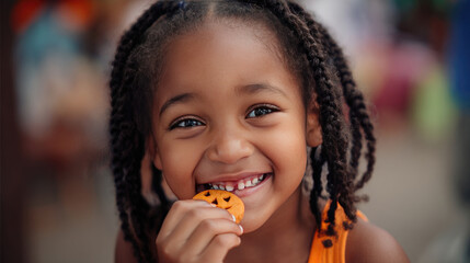 Joyful child smiles while holding Halloween themed cookie, showcasing excitement and delight. vibrant atmosphere enhances festive spirit