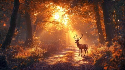 Autumnal forest path with deer. Sunlight streams through vibrant fall foliage, illuminating a serene forest path. A majestic deer stands poised in the center, bathed in golden light