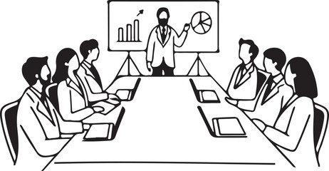 Cartoon business people in a circle holding hands, a humorous illustration of teamwork at the office meeting desk