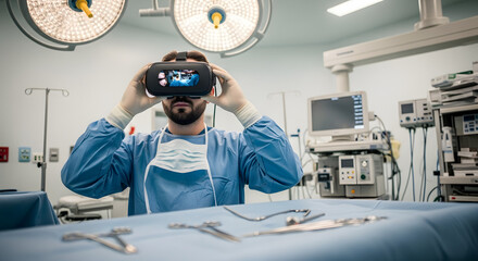 Surgeon Using VR Headset in Operating Room.