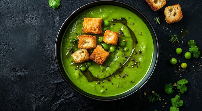 Sopa de ervilha com croutons em uma tigela sobre fundo r&uacute;stico de ard&oacute;sia preta. Fundo epicurista com espa&ccedil;o para texto.