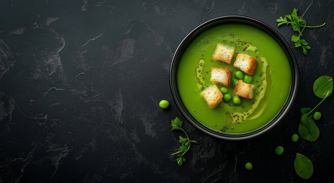 Sopa de ervilha com croutons em uma tigela sobre fundo r&uacute;stico de ard&oacute;sia preta. Fundo epicurista com espa&ccedil;o para texto.