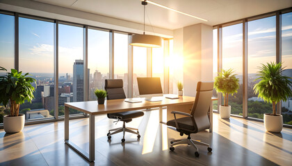 Fototapeta premium Modern Office with City Sunrise View