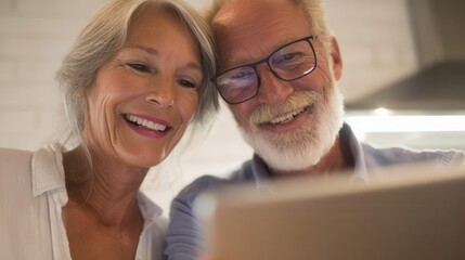 Happy senior couple looking at a tablet.