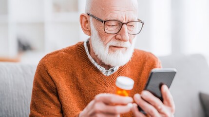 Senior man looking at a medication bottle on his smartphone.