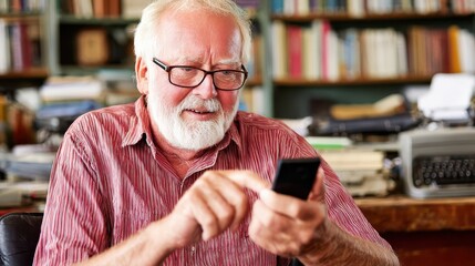 Elderly man using a smartphone in a home office setting.
