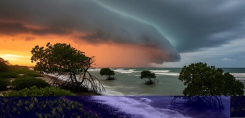 Dramatic coastal sunset scene with storm clouds and mangrove trees over the ocean