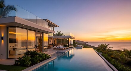 Luxury villa with infinity pool at sunset offers serene tropical retreat experience