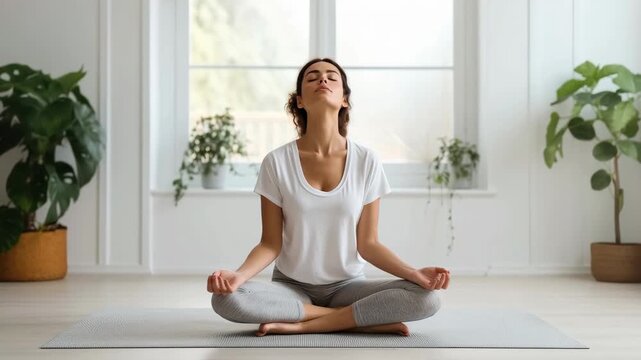 A serene video still of a woman meditating in a bright room, captured from a front angle. The scene exudes calmness with natural light and greenery. Live desktop wallpaper.