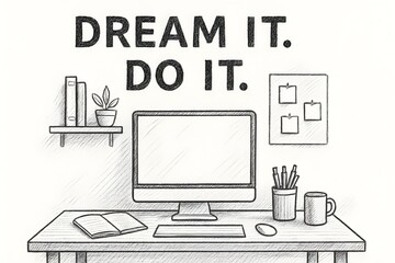 A sketched workspace with a computer and motivational message inspires you to dream it and do it