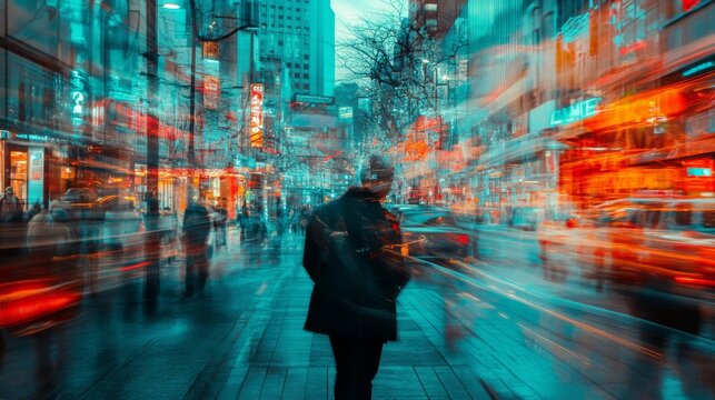 A lone figure walks through a bustling city street, the motion blur highlighting the fast-paced environment.