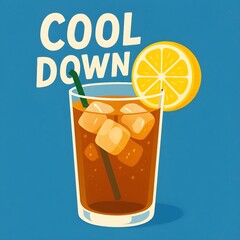 A glass of iced tea with a lemon slice and straw is shown with the words cool down above it