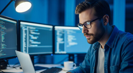 AI Developer Deep Dive: Man Coding Artificial Intelligence with Data Overlay Focused Programmer: Male Coder Working on Complex AI Algorithms Cybersecurity Expert: Man Interacting with Advanced Code 