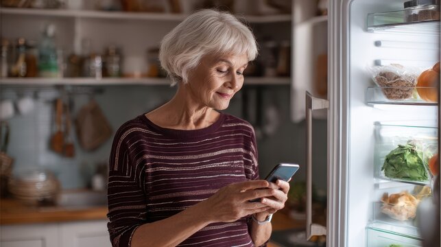 Senior woman looking at her mobile phone near a refrigerator.