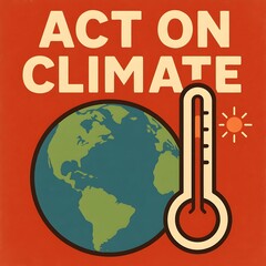 A striking graphic encourages action on climate change, depicting the earth with a rising thermometer to highlight global warming and environmental concerns