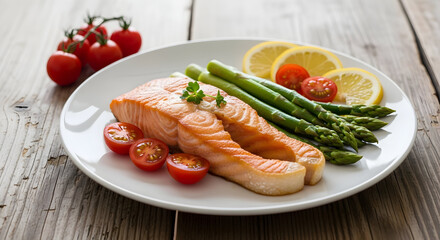 Delicious Pan-Seared Salmon Fillet with Fresh Asparagus, Lemon, and Cherry Tomatoes on a Rustic Wooden Table