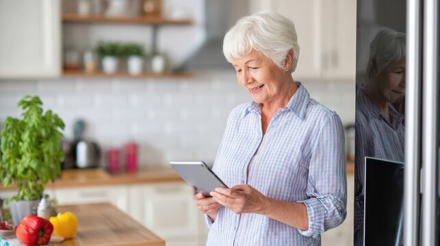Senior woman using a tablet in a kitchen.