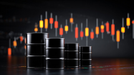 Black oil barrels on a stock market chart background with a candlestick graph.