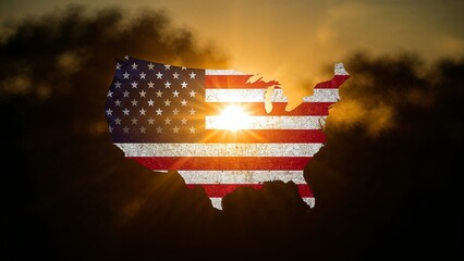 American flag texture fills the shape of the United States with a bright sunburst.