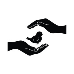 Two hands gently cradling a bird silhouette, isolated on white background, symbolizing protection and care
