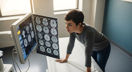 Woman Examining Brain MRI Scans.