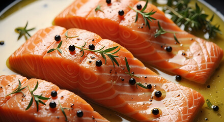 Fresh Pan-Seared Salmon Fillets with Rosemary and Peppercorns, Ready for a Healthy Gourmet Meal