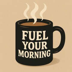 A black coffee mug with the words fuel your morning and steaming coffee on a beige background