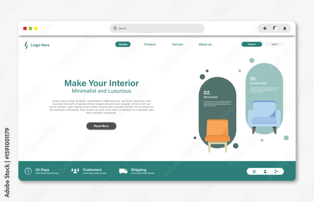 Wall mural chair store website landing page. graphical user interface for website page